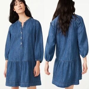 Free Assembly Denim Puff Sleeve Button Down Tiered Mini Dress Size Small
